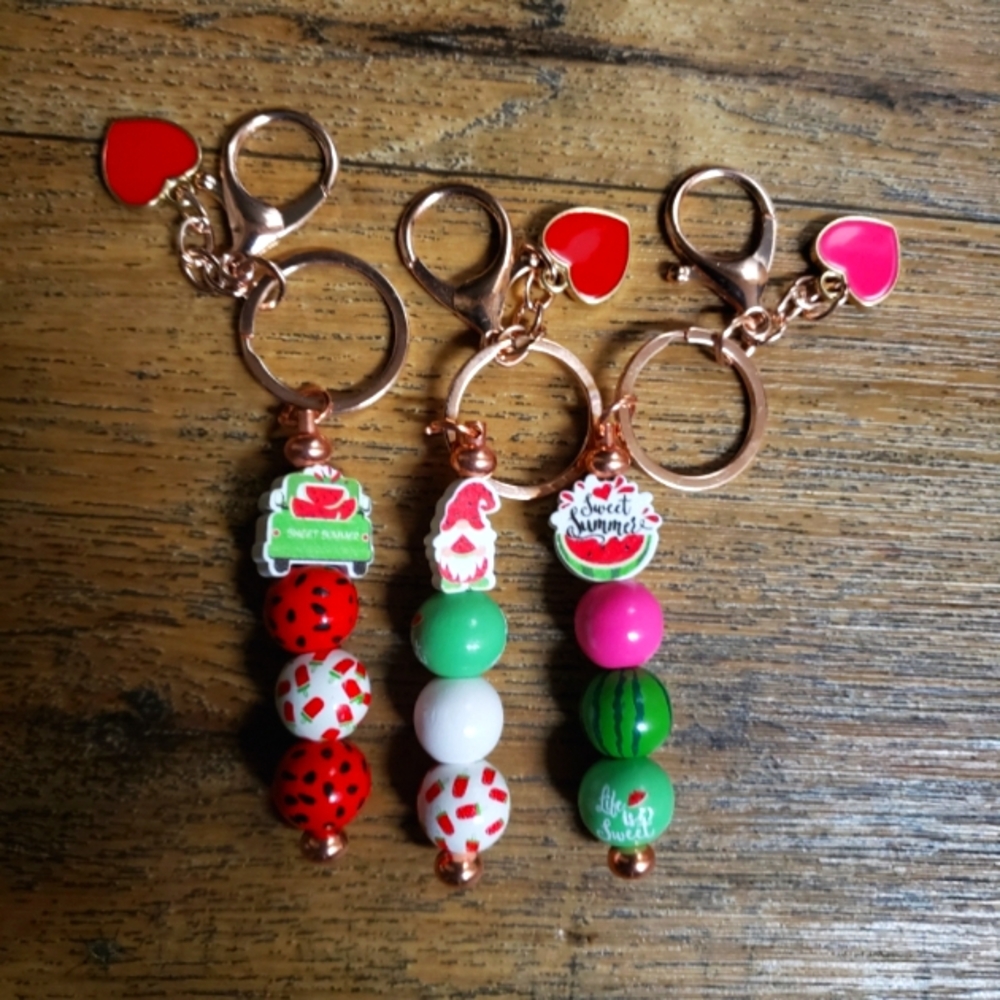 Set Of 3 Watermelon Beaded Keychain with Heart Charms